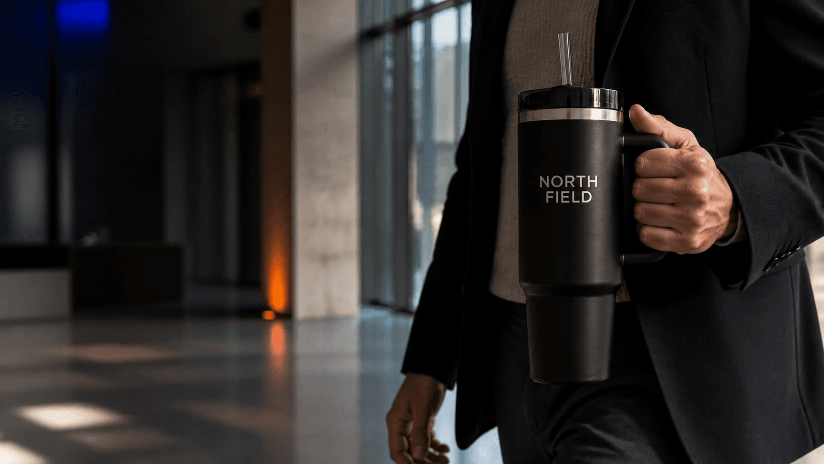 Customized DrinkTech handled tumbler carried through a contemporary workspace