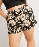 Black Floral Elastic Waist Linen Blend Shorts