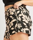 Black Floral Elastic Waist Linen Blend Shorts