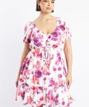 Pink Floral Frill Drawstring Bust Detail Mini Dress
