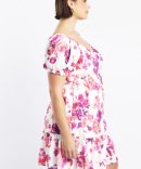 Pink Floral Frill Drawstring Bust Detail Mini Dress