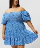 Blue Ditsy Shirred Bodice Puff Sleeve Mini Dress