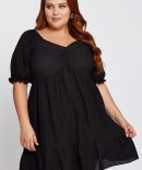 Black Short Puff Sleeve Gather Frill Hem Dress