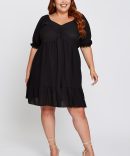 Black Short Puff Sleeve Gather Frill Hem Dress