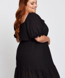 Black Short Puff Sleeve Gather Frill Hem Dress