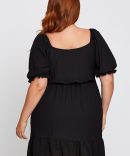 Black Short Puff Sleeve Gather Frill Hem Dress