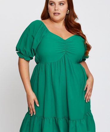 Green Short Puff Sleeve Gather Frill Hem Dress