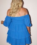 Blue Tiered Crinkle Puff Sleeve Mini Dress