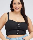 Black Stretch Corset Top Hook And Eye Front Cropped