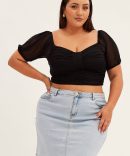 Black Corset Top Short Sleeve Crop Mesh