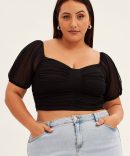 Black Corset Top Short Sleeve Crop Mesh