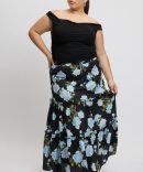 Black Floral Elastic Waist Tiered Maxiskirt