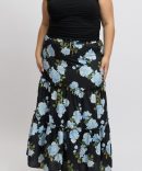 Black Floral Elastic Waist Tiered Maxiskirt