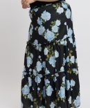 Black Floral Elastic Waist Tiered Maxiskirt