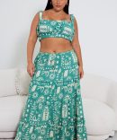 Green Abstract Linen Blend Tiered Drawstring Waist Maxiskirt