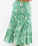 Green Abstract Linen Blend Tiered Drawstring Waist Maxiskirt