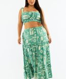 Green Abstract Linen Blend Tiered Drawstring Waist Maxiskirt
