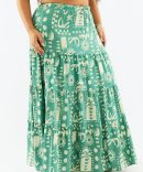 Green Abstract Linen Blend Tiered Drawstring Waist Maxiskirt