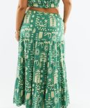 Green Abstract Linen Blend Tiered Drawstring Waist Maxiskirt