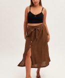 Brown Maxi Skirt Button Front Tie Waist