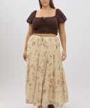 Beige Abstract Tiered Tie Waist Maxiskirt