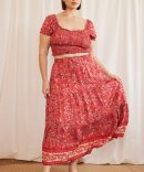 Red Boho Maxi Skirt Tiered